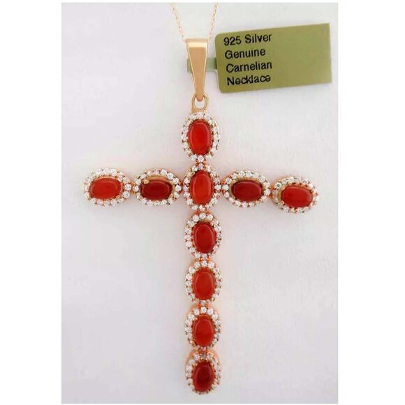 Genuine 13.34 Cts Carnelian & White Sapphire Cross Pendant Necklace (Rose Tone)